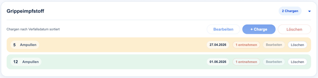 Produktdetail mit Chargen, Mengen und Verfallsdaten zur Bestellvorbereitung