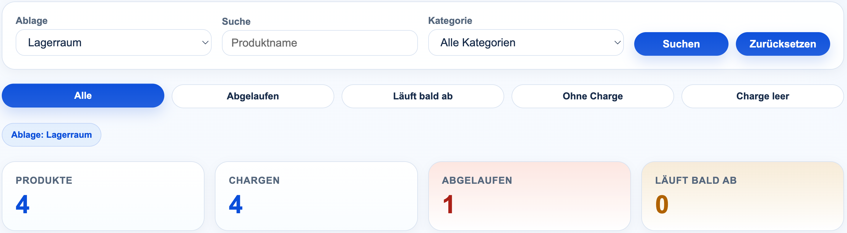 Dashboard der bewops Inventarverwaltung mit Filtern und Bestandskennzahlen